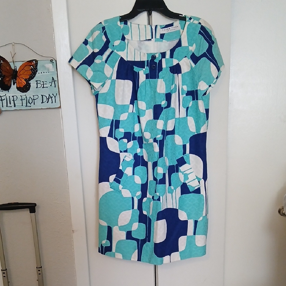 Trina Turk Aqua and Navy Geometric Mini Dress
